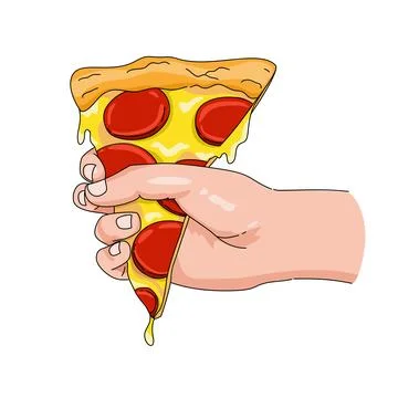 Hand holding slice of paperoni with melted cheese pizza like a bucket illustrati Illustration