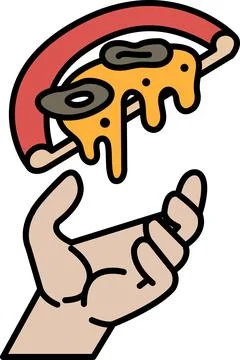 A hand is holding a slice of pizza with cheese and olives on it Stock Illustration