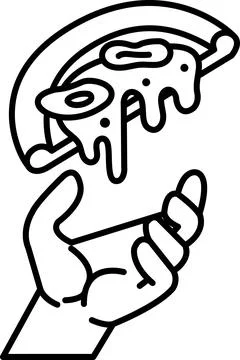 Hand is holding a slice of pizza with cheese and olives on it Stock Illustration