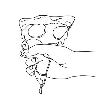A hand holding a slice of pizza line art drawing coloring page for kids book Stock Illustration