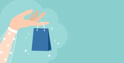 A hand holding a small blue package on the forefinger, copy space Stock Illustration