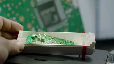 Hand Holding Small Circuit Board in White Plastic Housing with Blurred Stock Footage 334432570