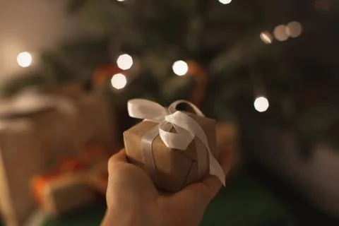 Hand holding a small gift box Stock Photos