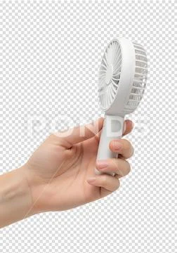 Hand holding small handheld mini fan, isolated on transparent background PSD 템플릿