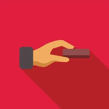 Hand holding small rectangular object on red background Stock Illustration