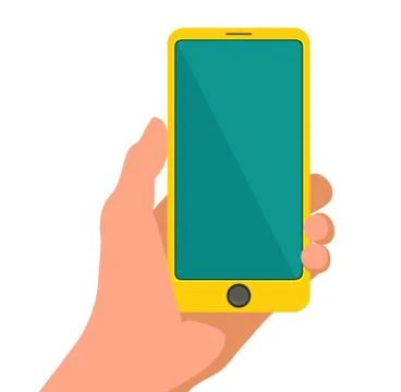 Hand holding smart yellow phone. Touching blank screen. Flat design. Vector Stock Illustration