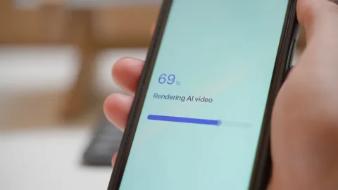 Hand holding smartphone with AI video rendering completing. Video ready Stock Footage 342940329