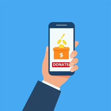 Hand holding smartphone and making online donation. Putting money in to the d Stock Illustration