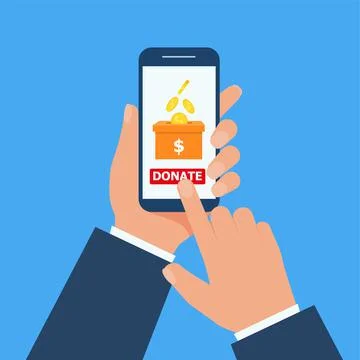 Hand holding smartphone and making online donation. Putting money in to the d Stock Illustration