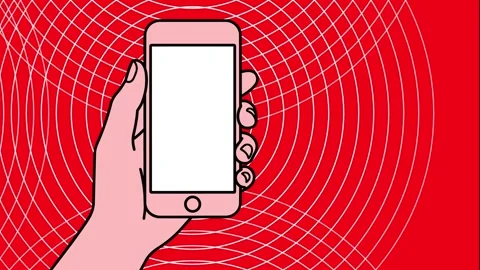 Hand Holding Smartphone with Animated Red Concentric Radio Wave Ripples. Stock Footage 340899160