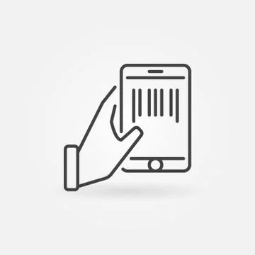 Hand holding smartphone with a barcode inside outline icon Illustrazione stock
