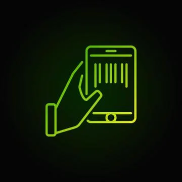 Hand holding smartphone with a barcode inside outline green icon Illustrazione stock
