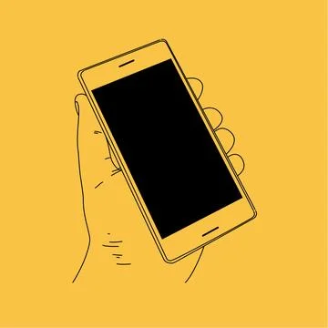 A hand holding a smartphone with a blank screen line art with yellow background Stock Illustration