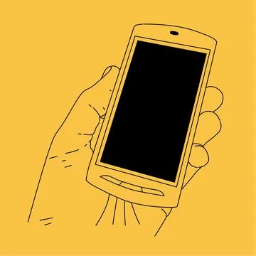 A hand holding a smartphone with a blank screen line art with yellow background Stock Illustration