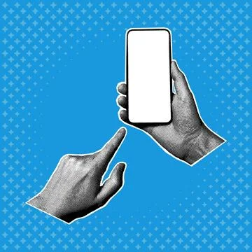 Hand holding a smartphone with blank screen while another hand prepares to ta Stock Illustration