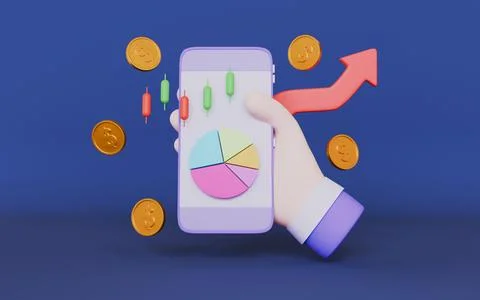 Hand holding smartphone with candlestick, Graph analytics optimization 库存插图
