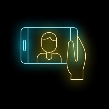 Hand holding smartphone capturing selfie neon illustration Stock Illustration