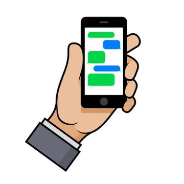 Hand Holding a Smartphone with Chat Bubbles on Phone Screen. Vector 库存插图