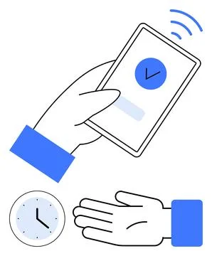 Hand Holding Smartphone with Checkmark, Clock, and Gesture Indicating Easy .. 스톡 일러스트