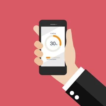 Hand holding smartphone with circle loading and progress bars Stock Illustration