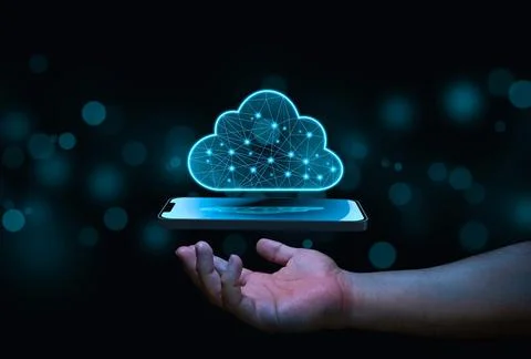 Hand holding smartphone with cloud computing concept Stock Photos