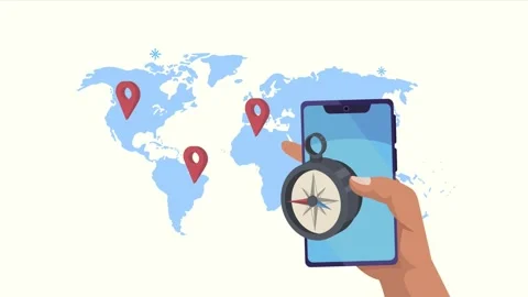 A hand holding a smartphone with compass and global map with location pins .. Stock Footage 338400358