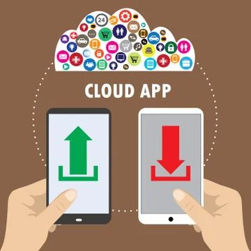 Hand holding smartphone connected to cloud services Stock Illustration