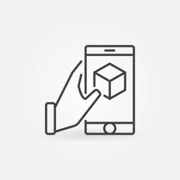 Hand holding smartphone with cube inside vector line icon Stock Illustration