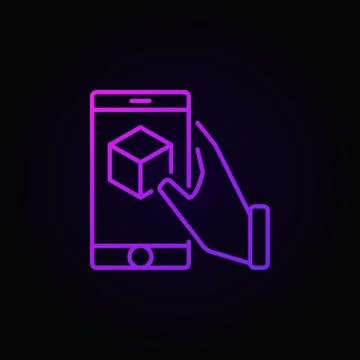 Hand holding smartphone with cube inside purple vector icon Stock Illustration
