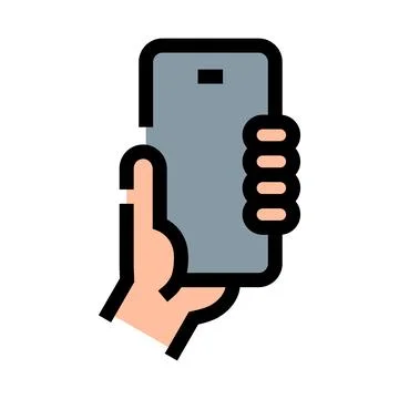 Hand holding smartphone device flat line icon Stock Illustration