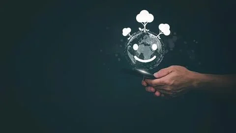 Hand holding smartphone with digital globe and cloud icons Stock Photos