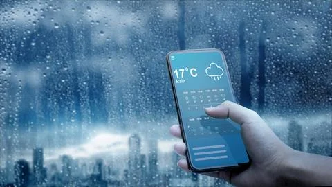 Hand holding a smartphone displaying a rain weather forecast app against a .. Stock Illustration