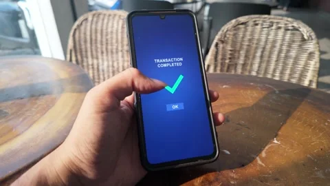 Hand Holding Smartphone Displaying Transaction Completed Check Mark Icon Stock Footage 341396065