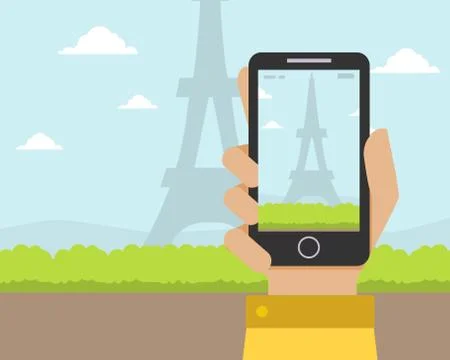 Hand Holding Smartphone with Eiffel Tower on the Screen Vector Illustration Stock Illustration