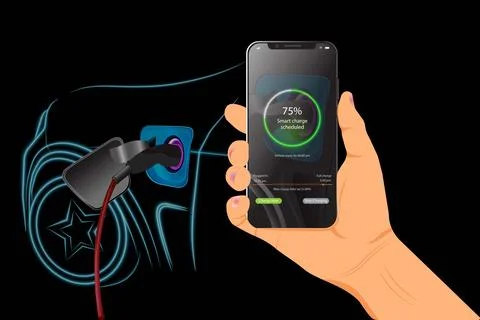 Hand Holding Smartphone ev charging Stock Illustration