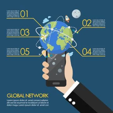 Hand holding smartphone with global network connection Stock Illustration