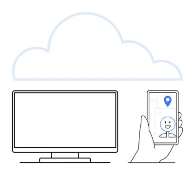 Hand Holding Smartphone with GPS Map Pin Near Computer Monitor Under Cloud .. Stock Illustration