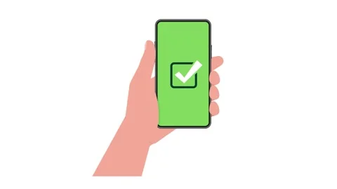 Hand holding smartphone with green screen and check mark on white and blue Stock-Footage 315147942