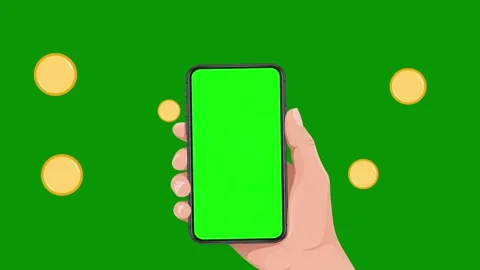 Hand holding smartphone with green screen and falling gold coins Stock Footage 339828827