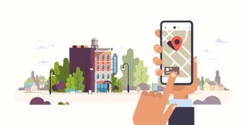 Hand holding smartphone hotel booking concept hostel building exterior mobile Ilustración de archivo