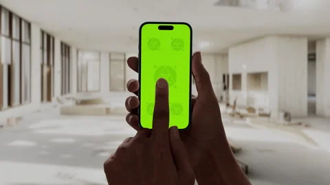 A hand holding a smartphone inside a renovated apartment Stock Footage 295209720