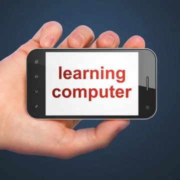 Hand holding smartphone with learning computer Stock Illustration