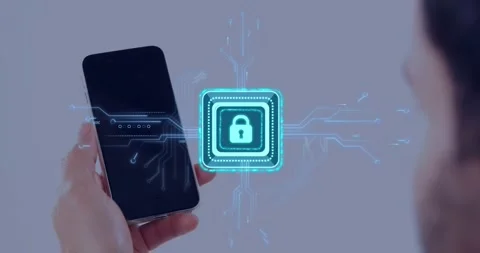 Hand holding smartphone left, thumb shifting, tapping causing cyan lock pulsing Stock Footage 330191522