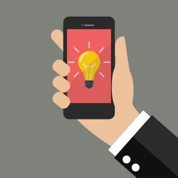 Hand holding smartphone with Light Bulb on display Stock Illustration