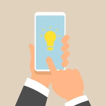 Hand holding smartphone with Light Bulb on display. Flat style design Stock Illustration