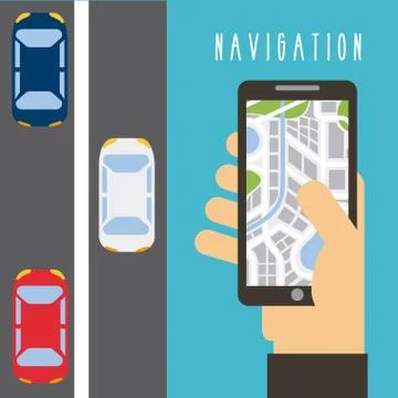 Hand holding smartphone map navigation traffic Stock Illustration