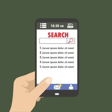 Hand holding a smartphone on the menu screen search Stock Illustration
