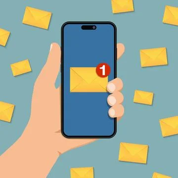 Hand holding smartphone with new message notification on phone screen Stock Illustration