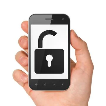 Hand holding smartphone with opened padlock Stock Illustration