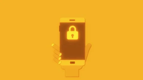 Hand holding smartphone with padlock icon animated on a yellow background. Stock Footage 258833848